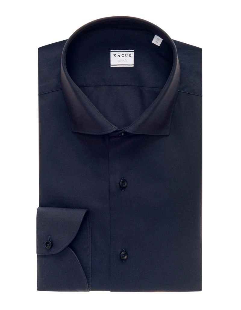 Camicia Collo Francese Piccolo Tinta Unita Twill Blu Navy Da Uomo Xacus