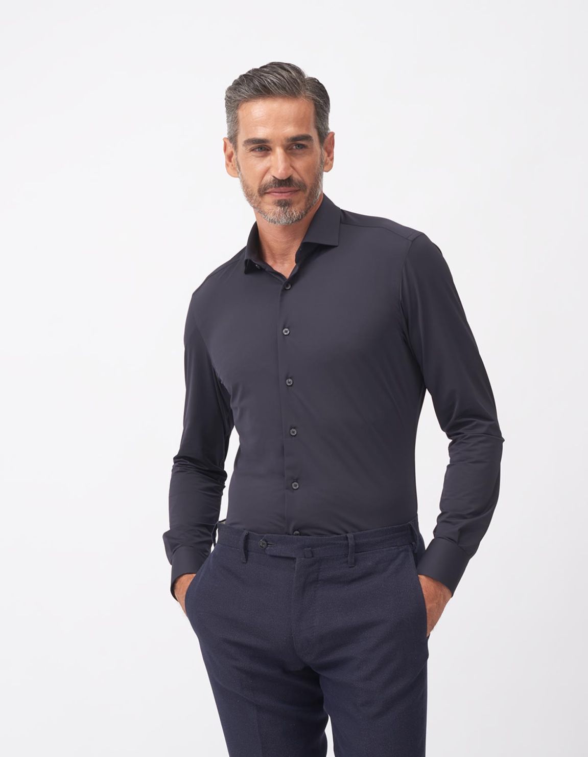 Camicia Collo Francese Piccolo Tinta Unita Twill Blu Navy Da Uomo Xacus