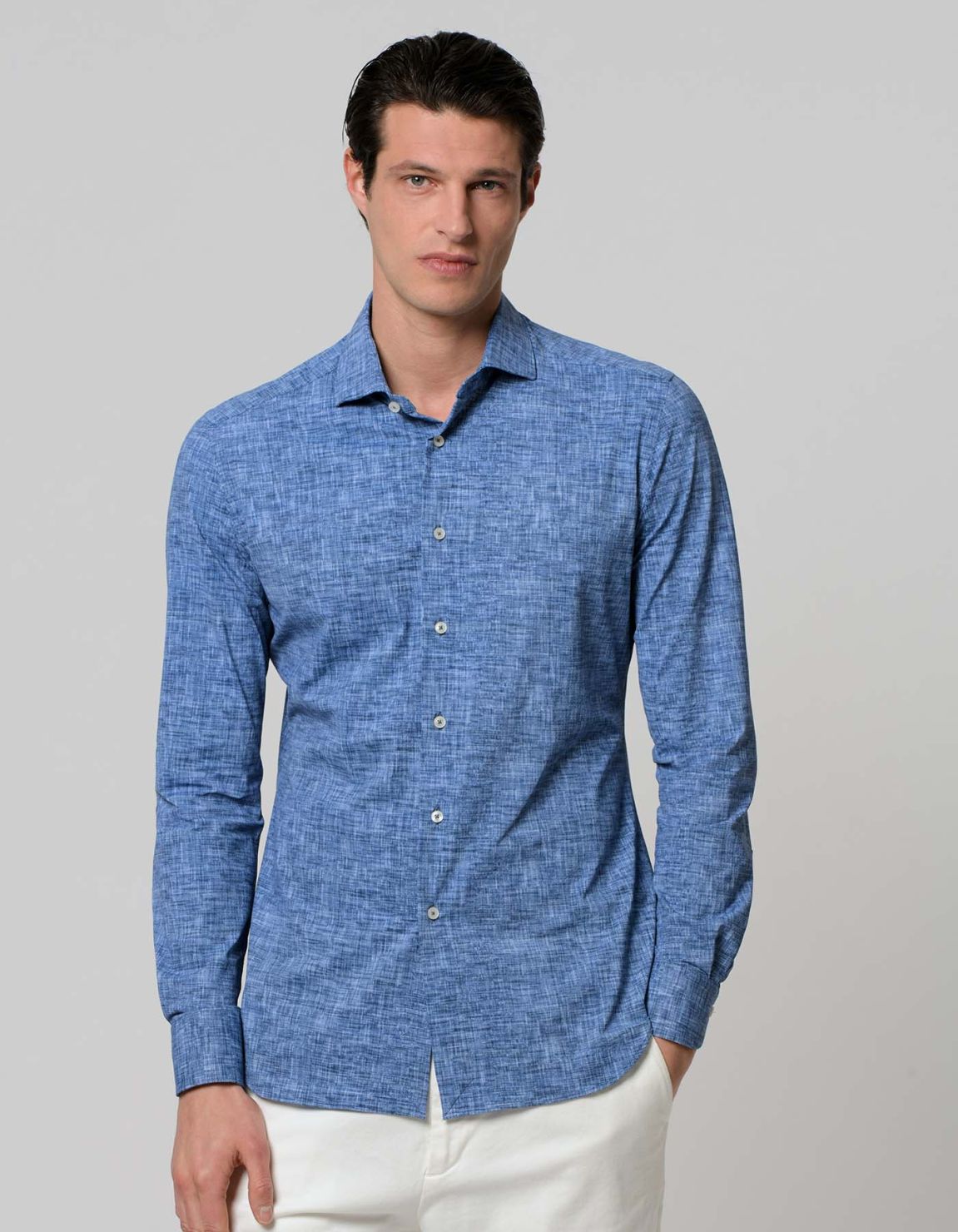 Camicia Collo Francese Piccolo Tinta Unita Armaturato Blu Da Uomo Xacus