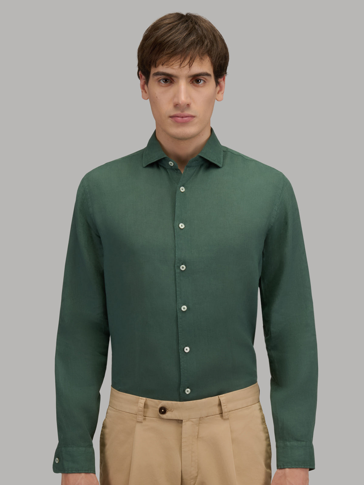 Chemise Col Français Unie Lin Vert Forêt – Xacus