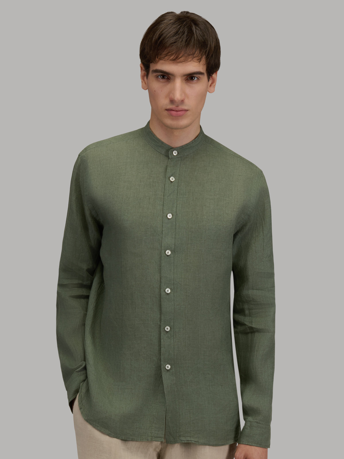 Shirt Collar Mandarin Solid Colour Linen Army Green – Xacus
