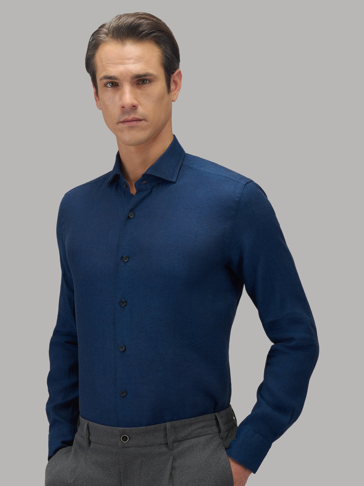 Shirt Collar Cutaway Solid Colour Linen Navy Blue – Xacus