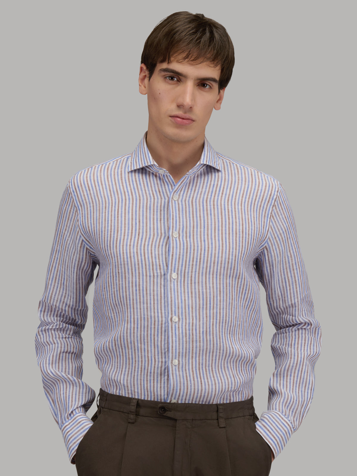 Shirt Collar Cutaway Stripe Linen Blue and brown – Xacus