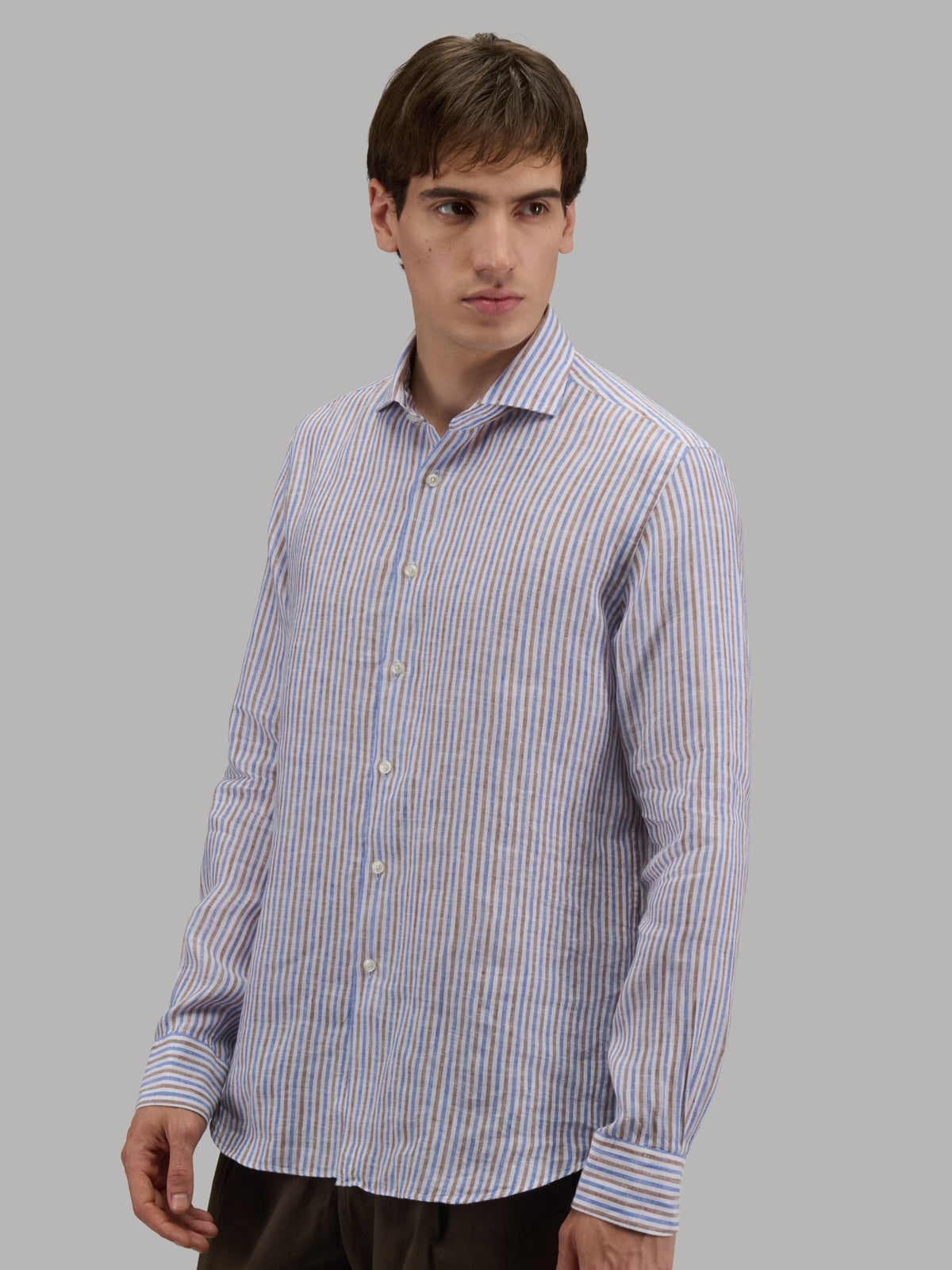 Shirt Collar Cutaway Stripe Linen Blue and brown – Xacus