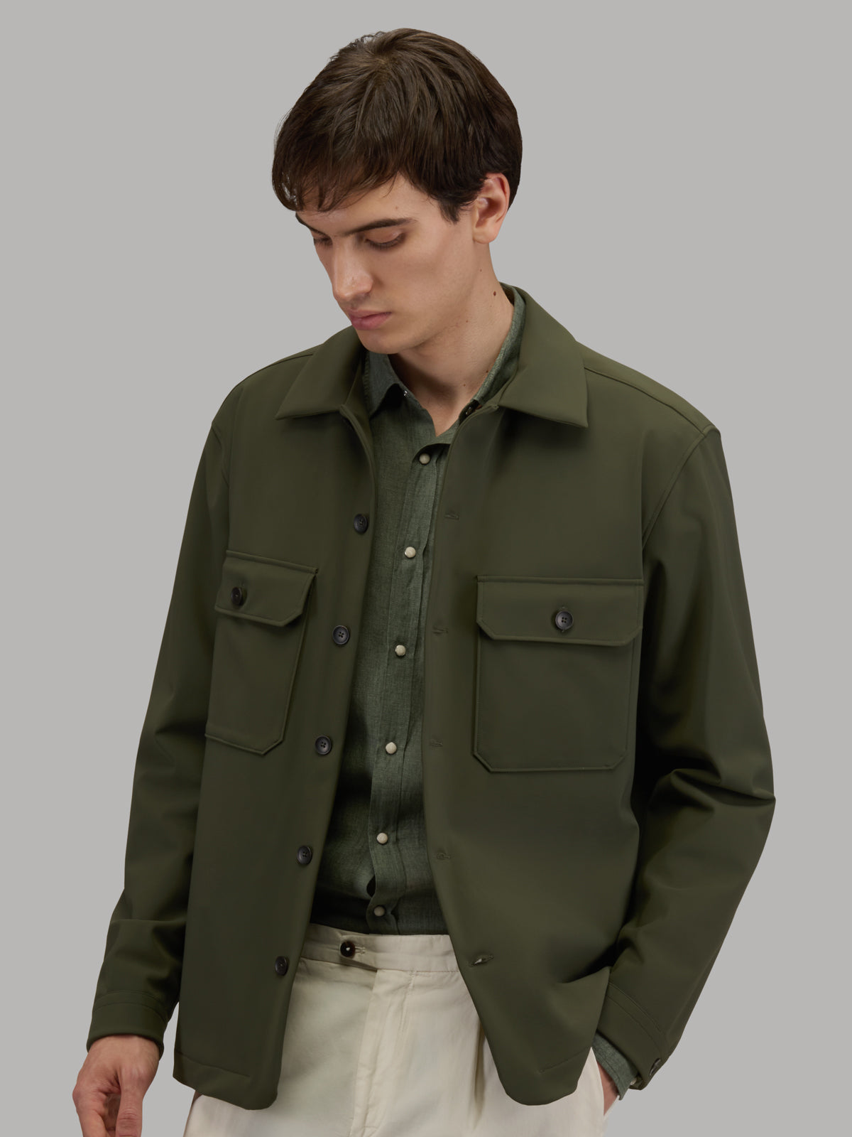 Overshirt Collar Cutaway Solid Colour Textured Army Green – Xacus