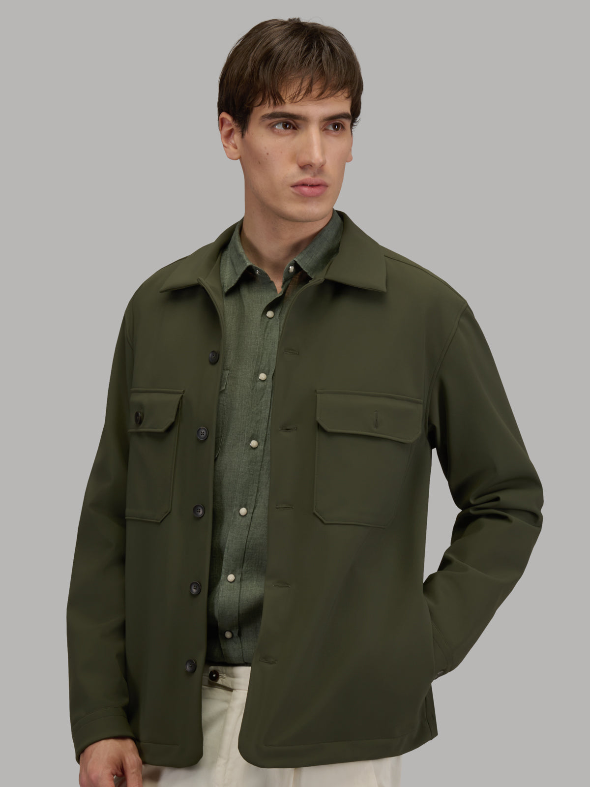 Overshirt Collar Cutaway Solid Colour Textured Army Green – Xacus