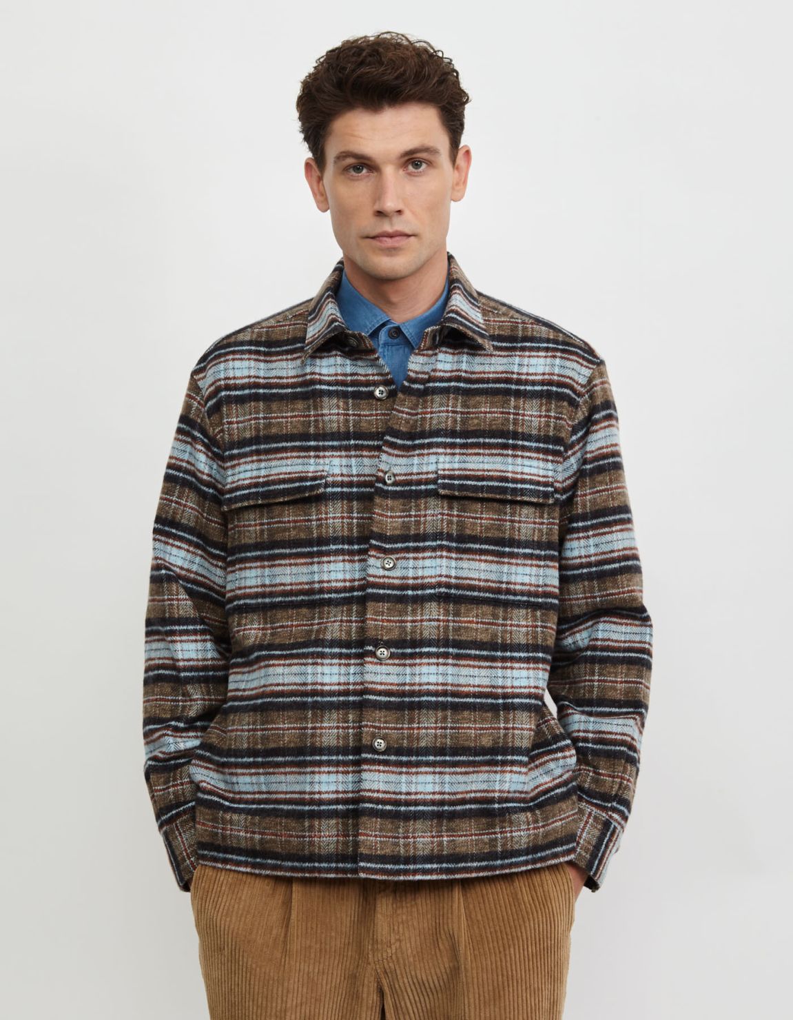 Deep Sky Blue Textured Check Shirt Collar spread Over 3