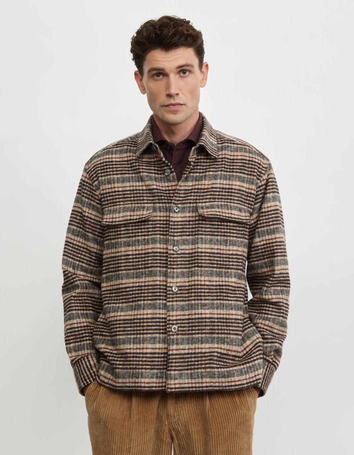 Camel Textured Check Shirt Collar spread Over 3