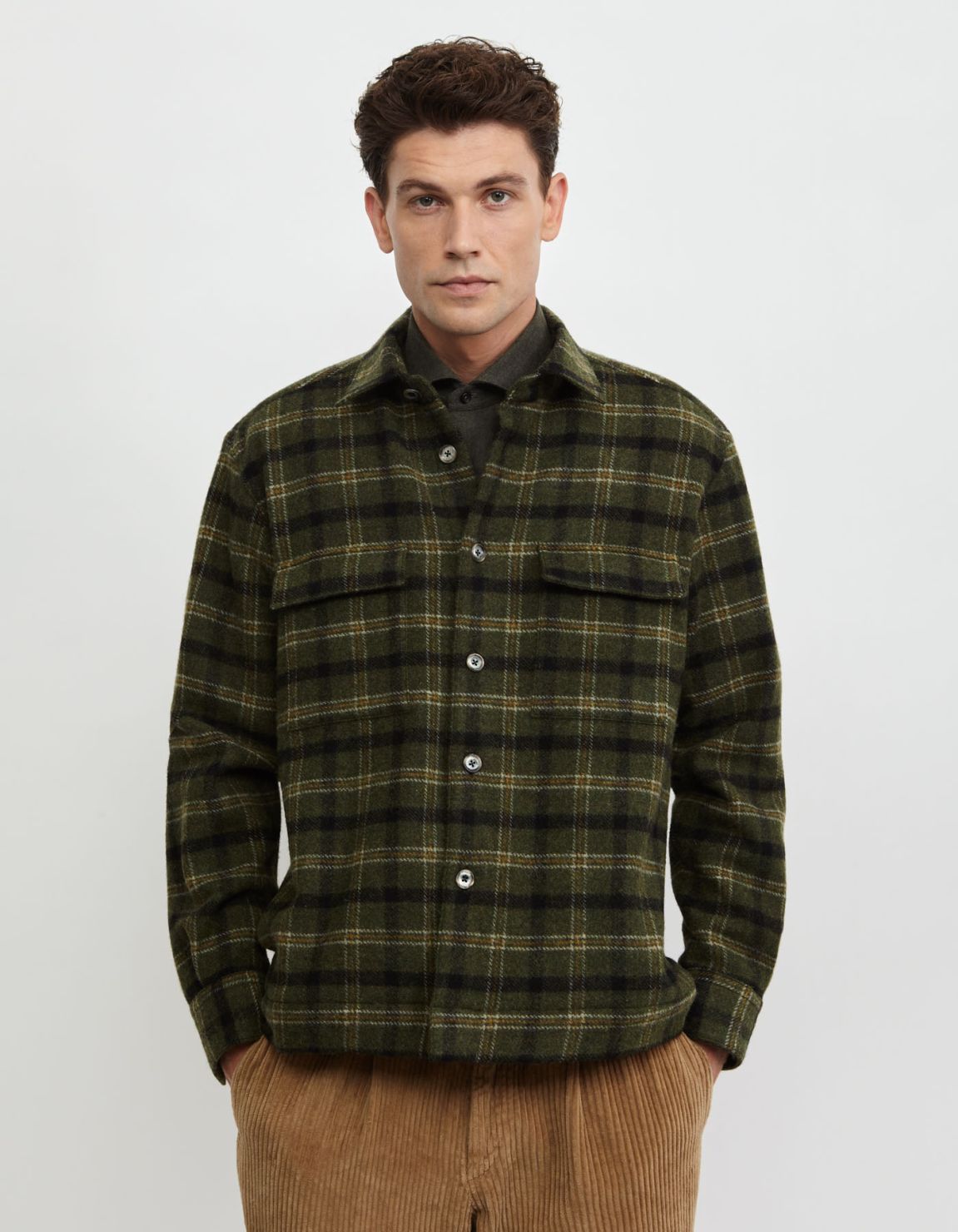 Dark Green Woven Check Shirt Collar spread Over 3