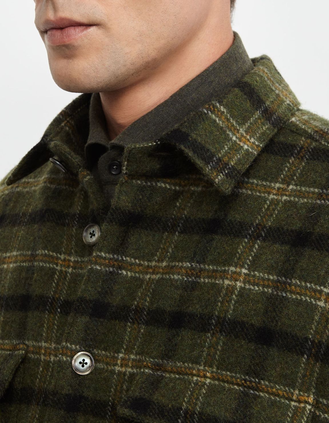 Dark Green Woven Check Shirt Collar spread Over 2