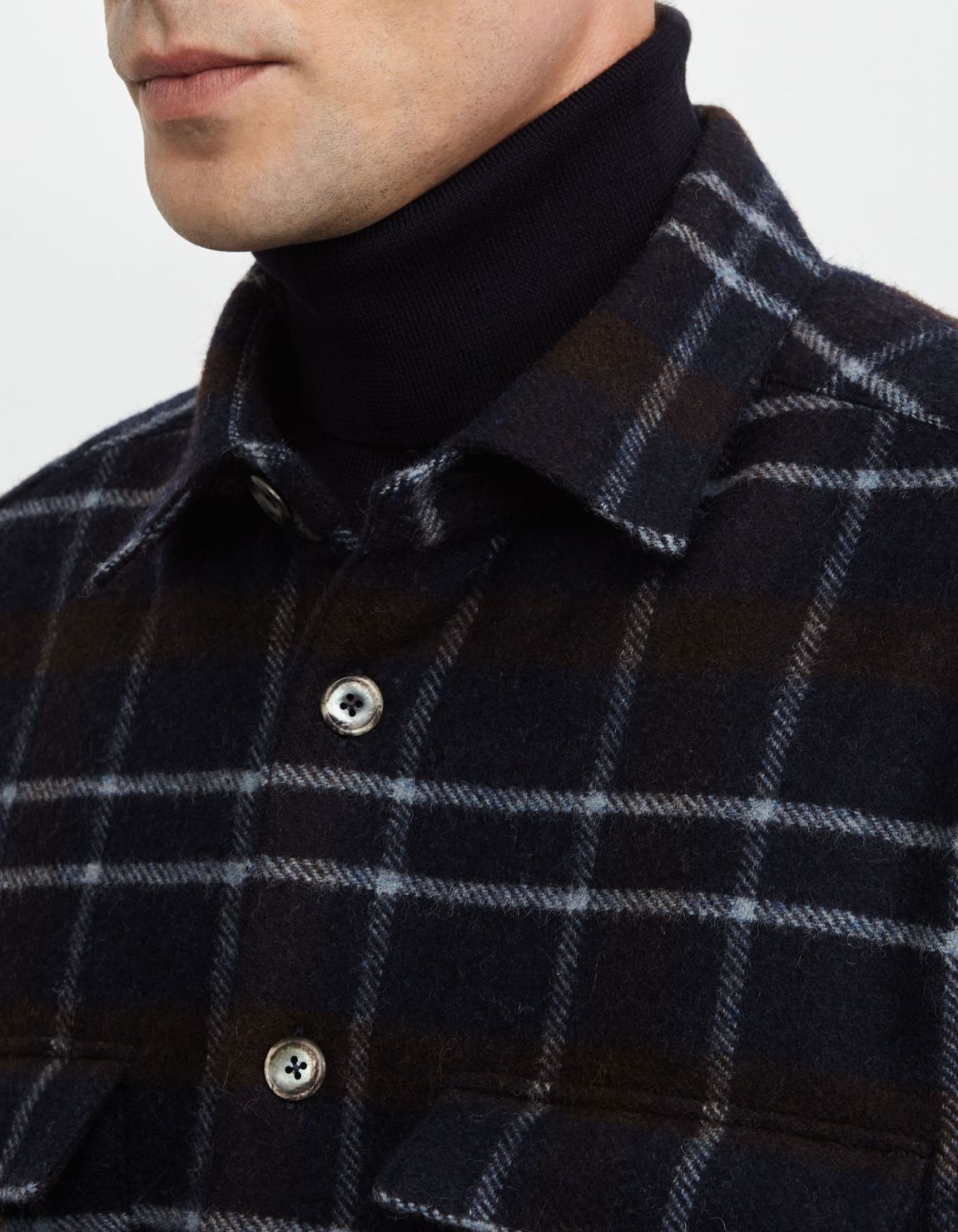 Navy Blue Woven Check Shirt Collar spread Over 2