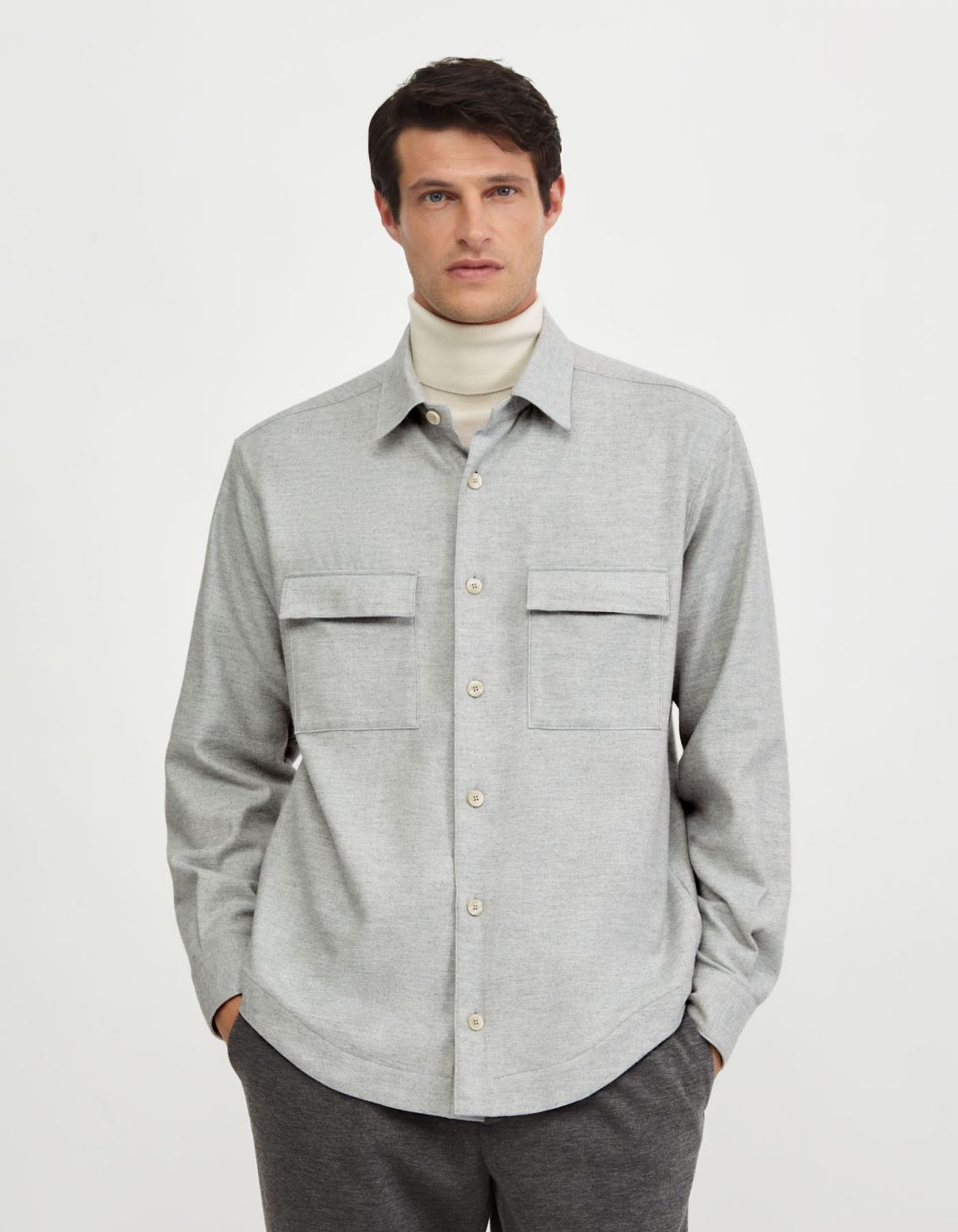 Grey Melange Twill Solid colour Shirt Collar spread Overshirt 3