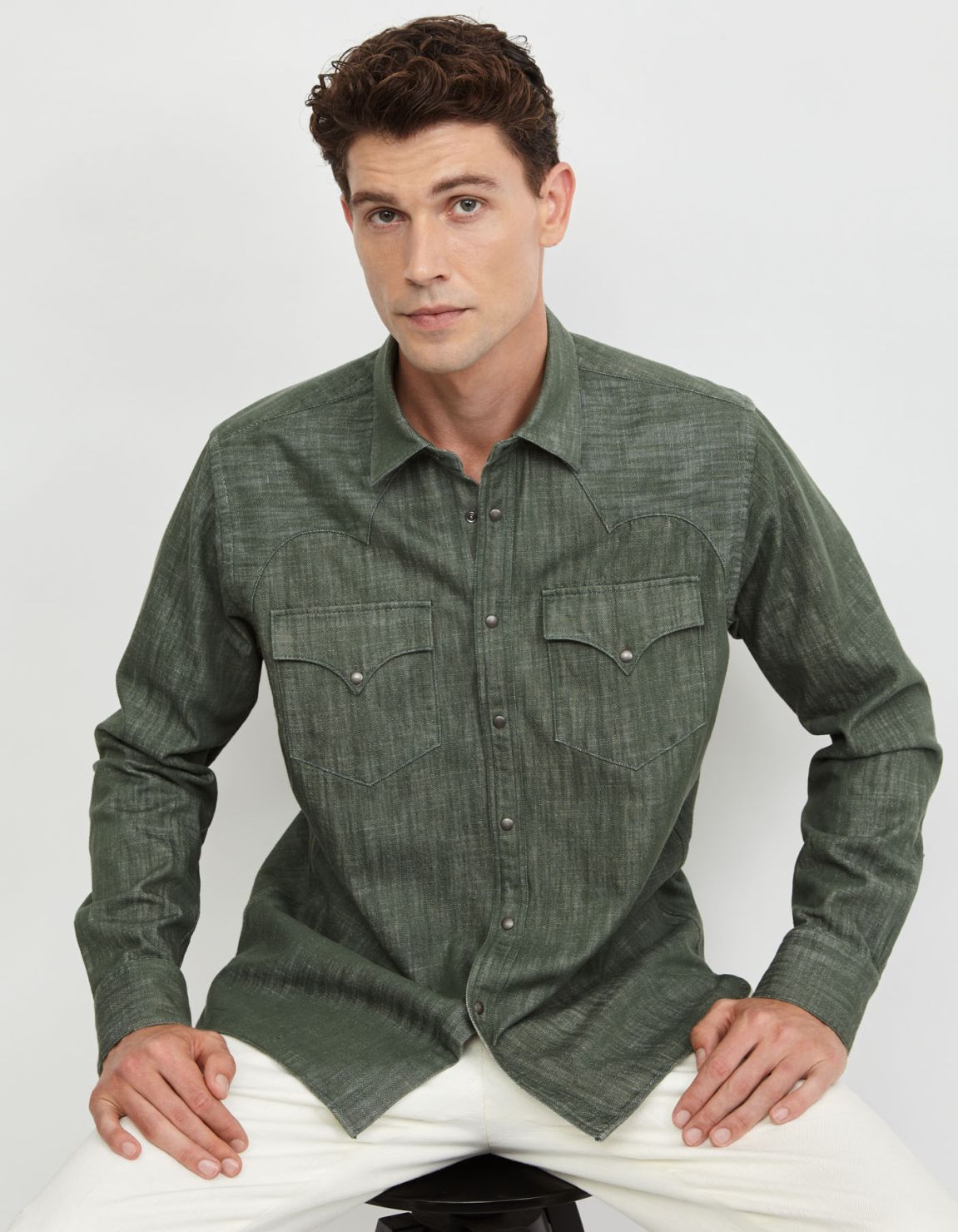 Camicia Collo italiano Tinta Unita Twill Verde militare Tailor Custom Fit 3