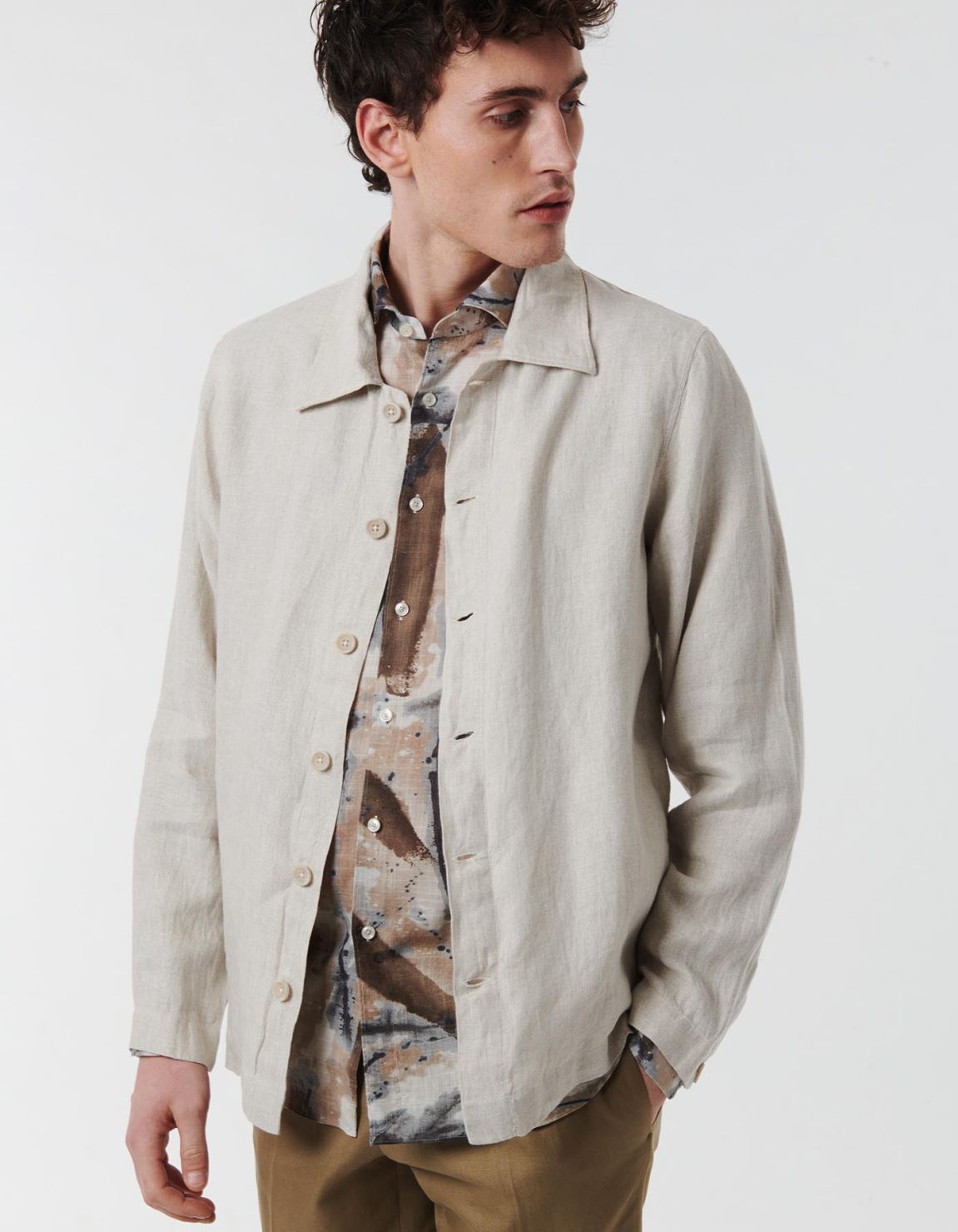 Beige Linen Solid colour Shirt Collar spread Over 3