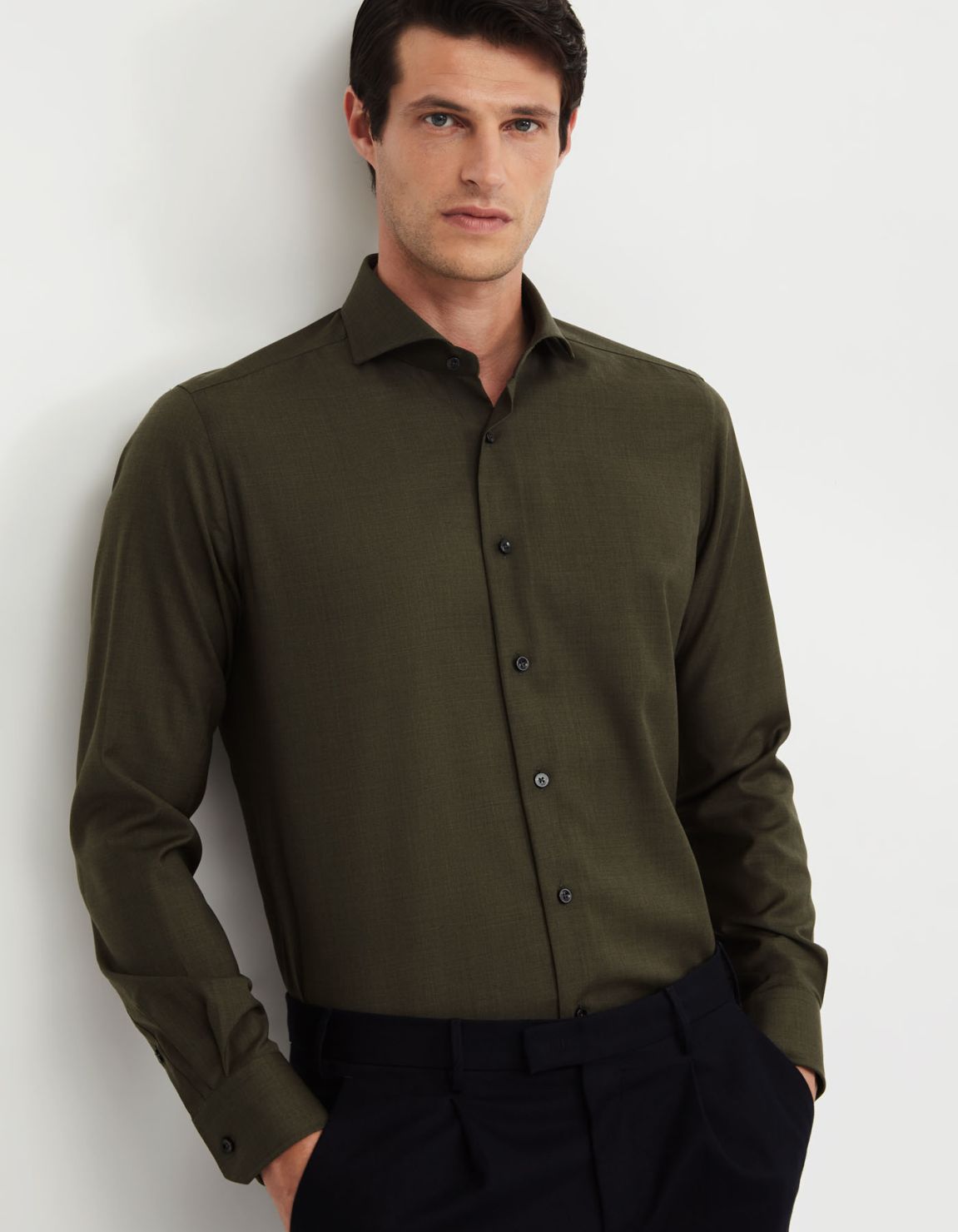 Camicia Collo francese Tinta Unita Tela Verde Tailor Custom Fit 3