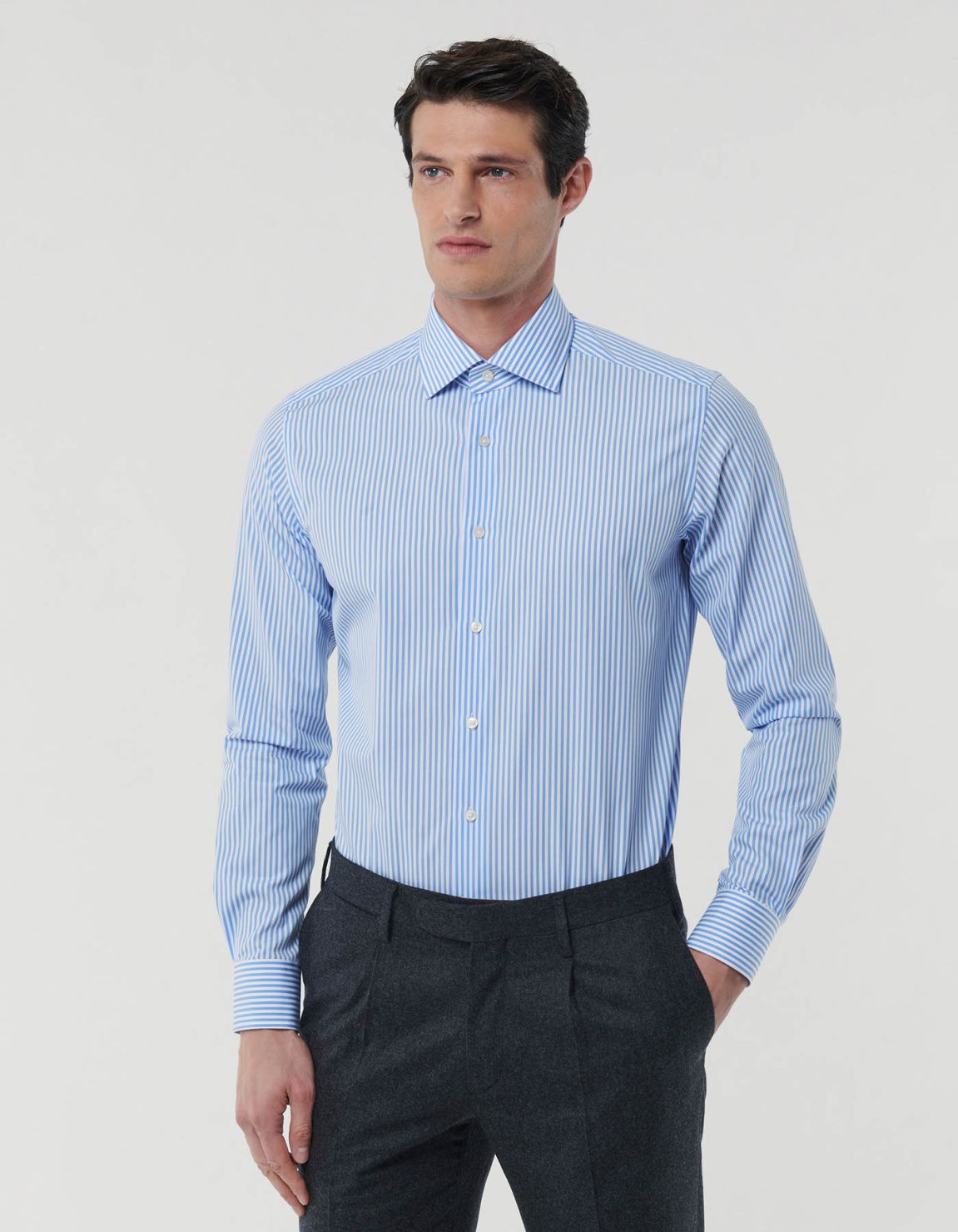 Light Blue Poplin Stripe Shirt Collar spread Tailor Custom Fit 3