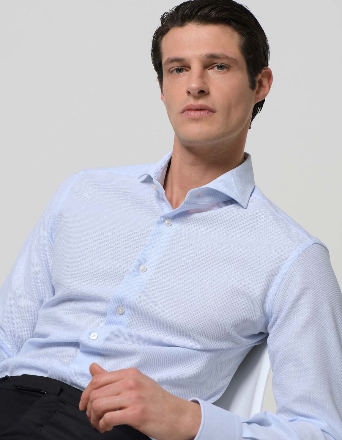 Light Blue Leno fabric Solid colour Shirt Collar cutaway for Male - Xacus