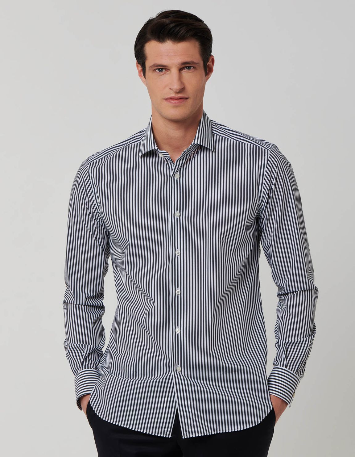 Camisa Cuello francés pequeño Rayas Popelina Negro Slim Fit 6