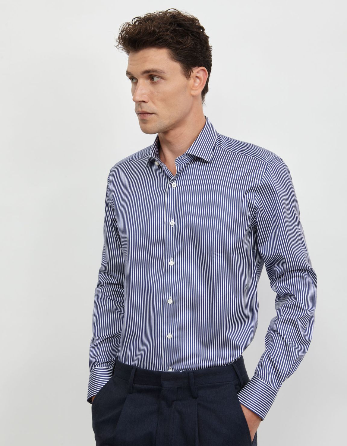 Camicia Collo francese piccolo Righe Twill Blu bianco Slim Fit 6