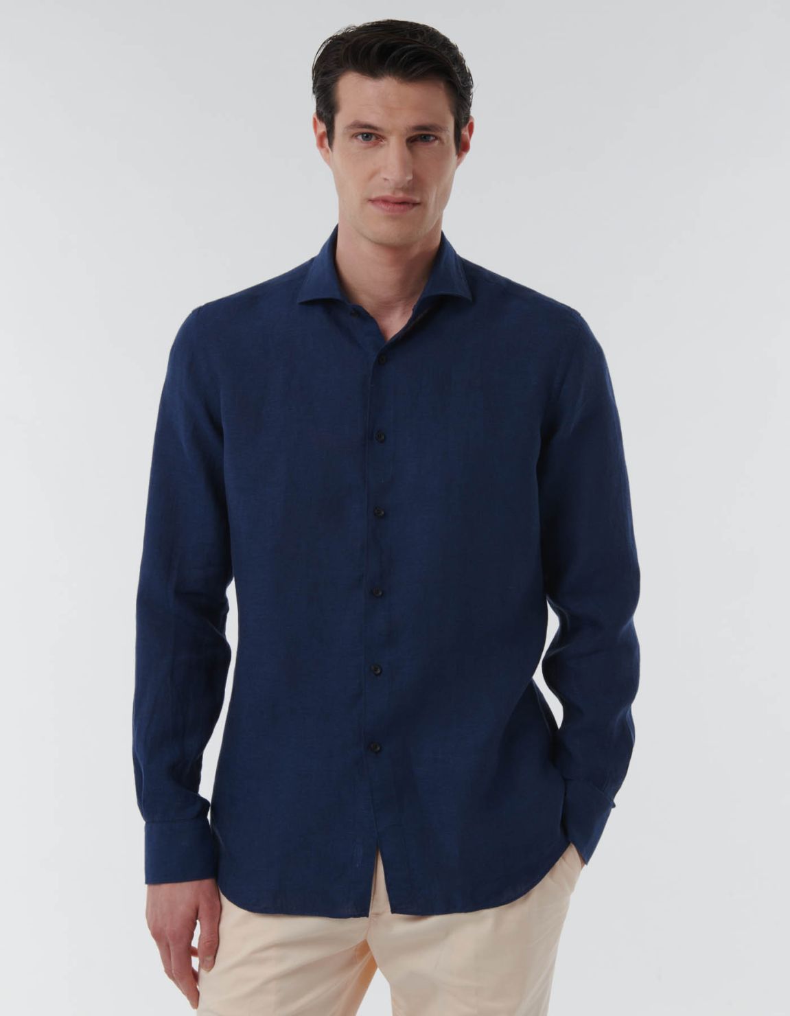 Navy Blue Linen Solid colour Shirt Collar cutaway Tailor Custom Fit 3