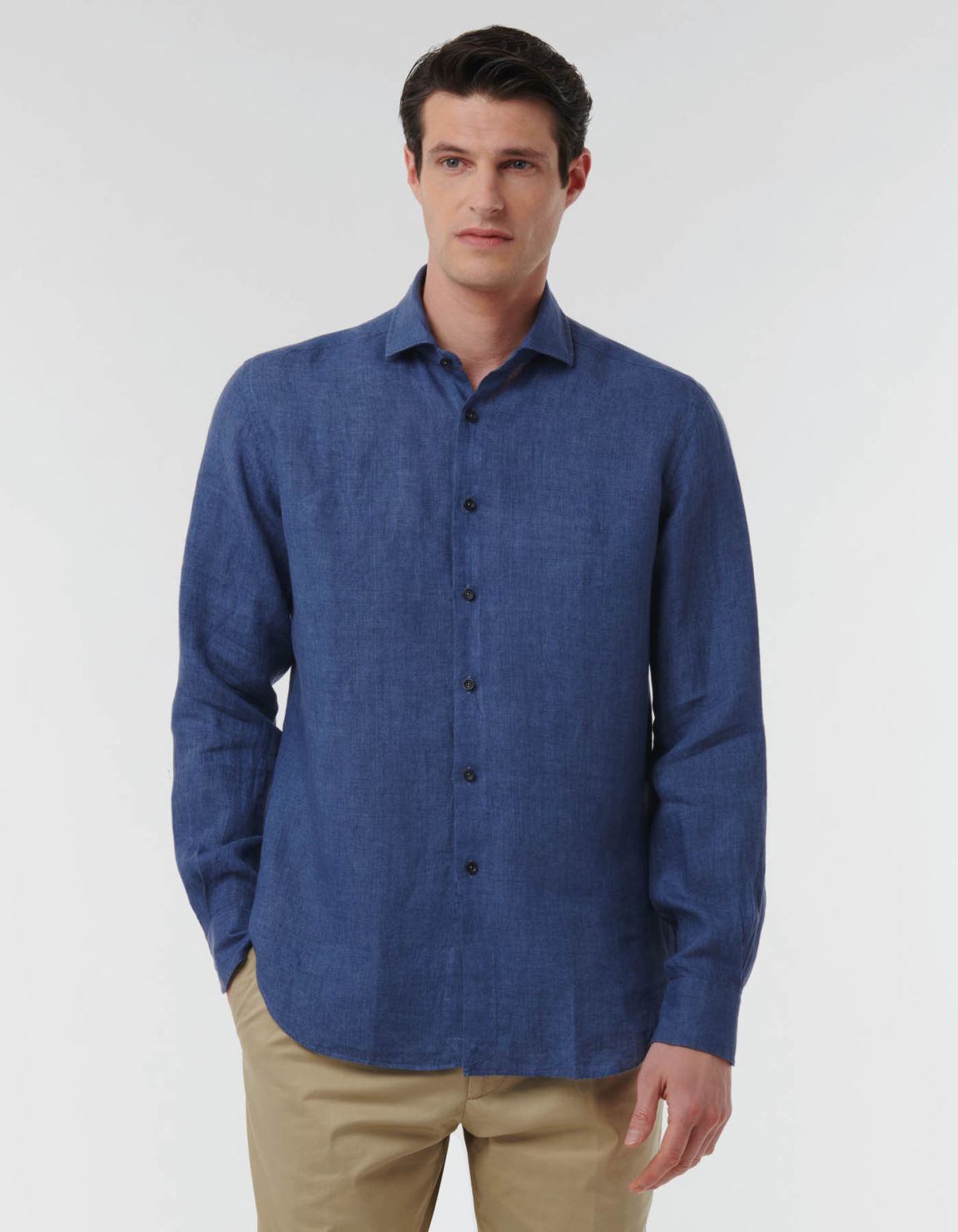 Camisa Cuello italiano abierto Liso Lino Azul avio Evolution Classic Fit 3