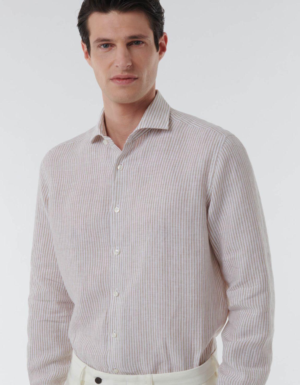 Camisa Cuello italiano abierto Rayas Lino Beige Evolution Classic Fit 3