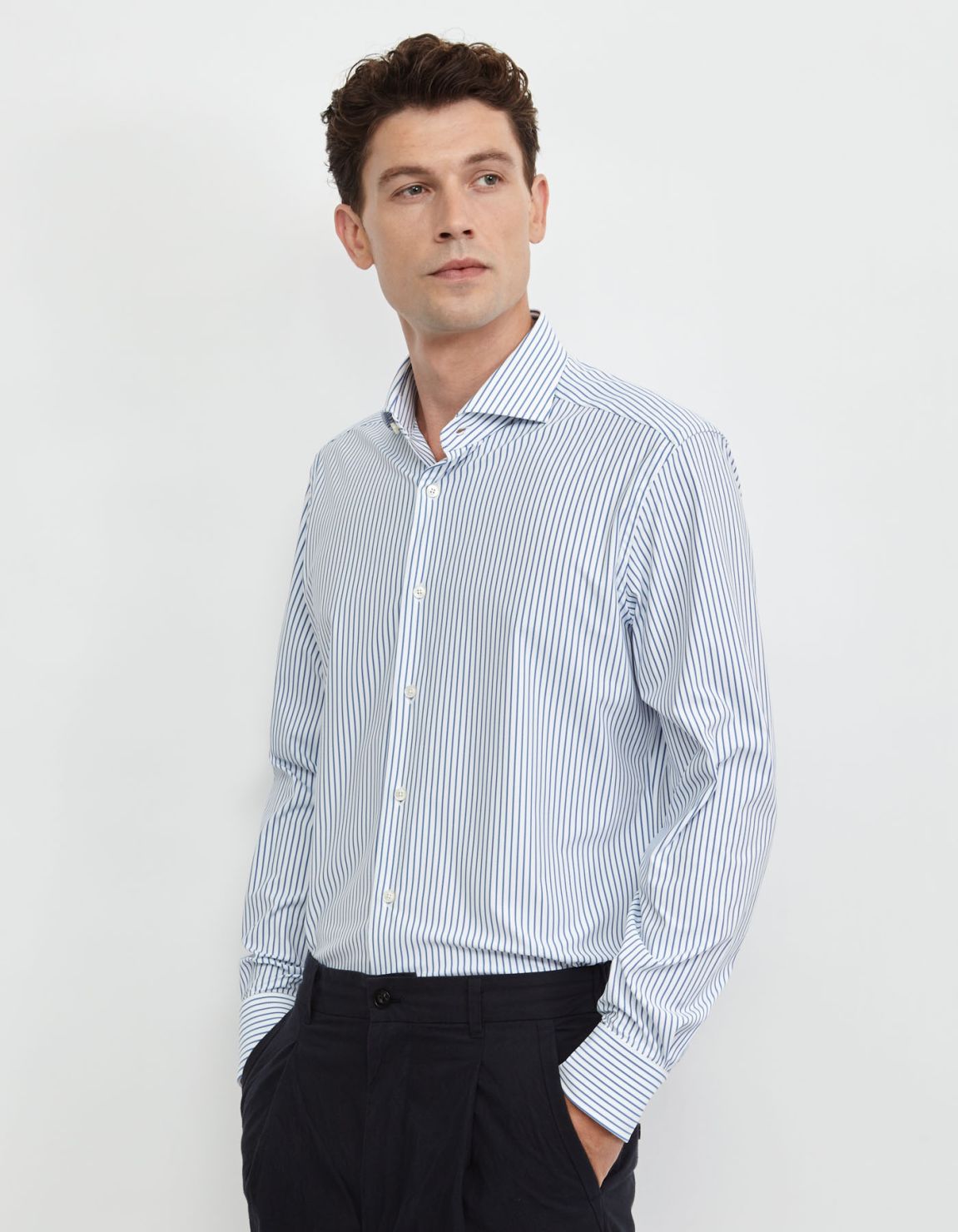 Camisa Cuello francés Rayas Sarga Azul ahumado Tailor Custom Fit 3