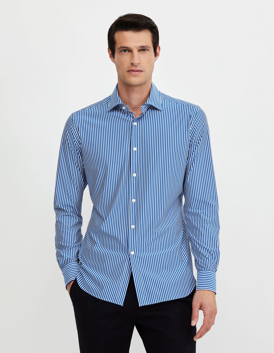 Camicia Collo italiano aperto Righe Twill Blu Tailor Custom Fit 3