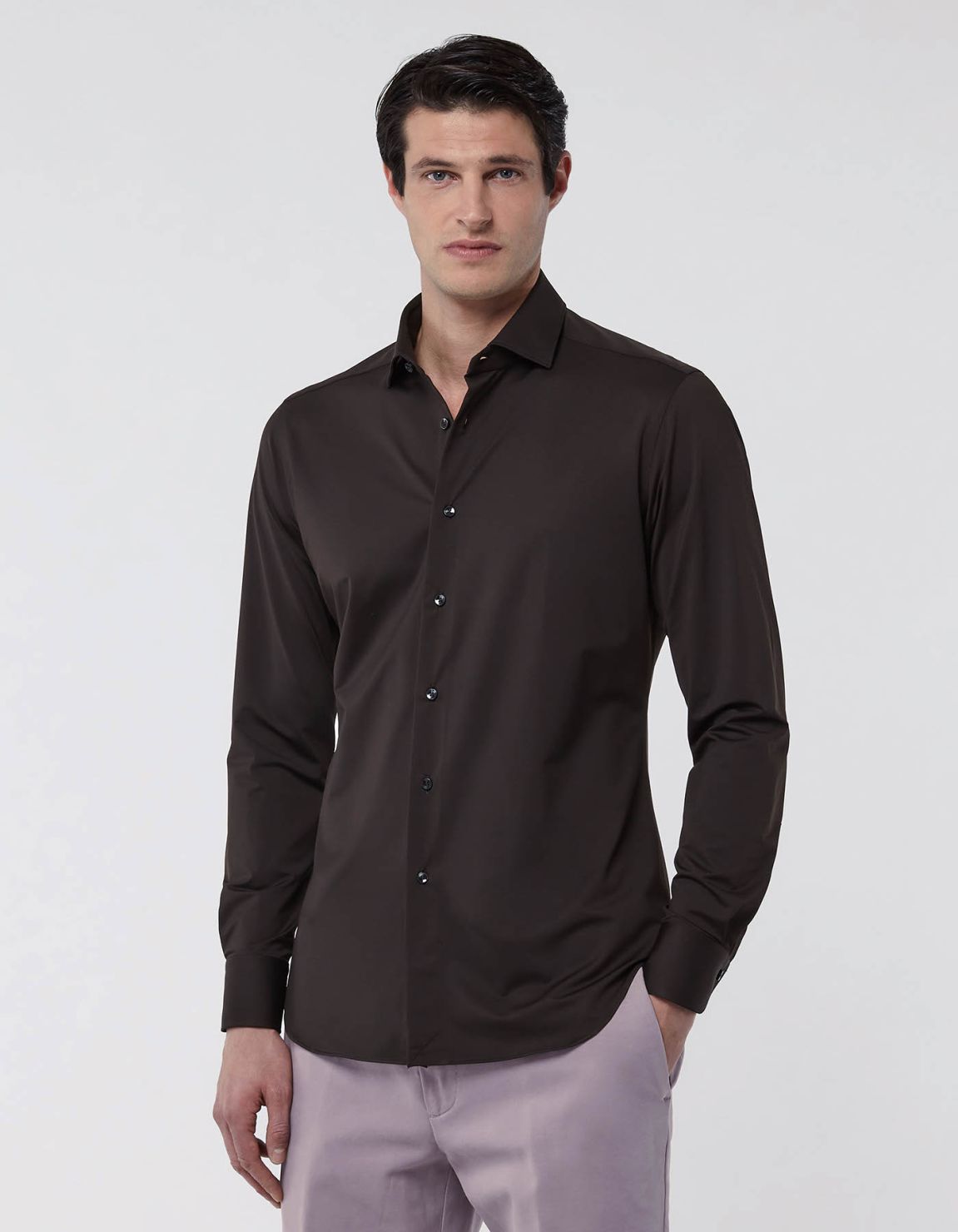 Camisa Cuello francés pequeño Liso Sarga Marrón Tailor Custom Fit 3