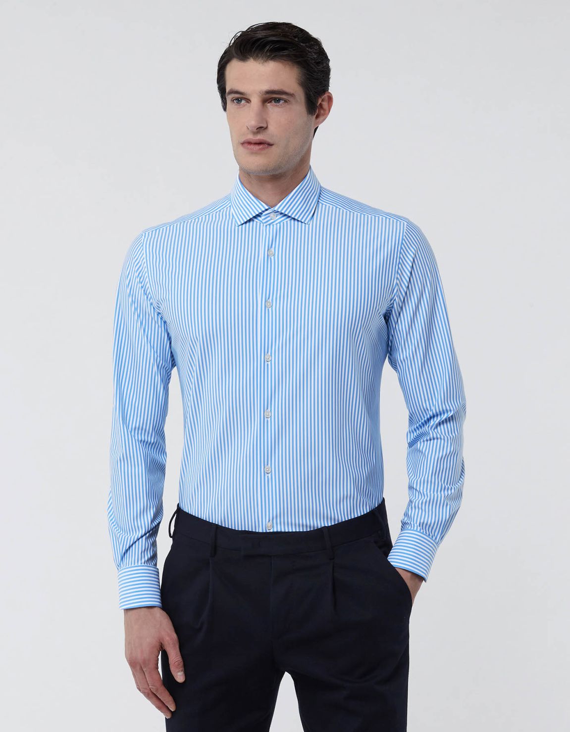 Camisa Cuello francés pequeño Rayas Sarga Azul claro Tailor Custom Fit 3