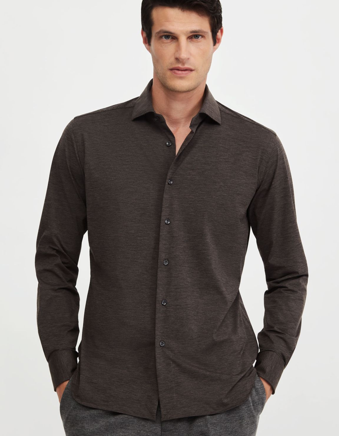 Camisa Cuello francés pequeño Liso Jersey Marrón jaspeado Tailor Custom Fit 3