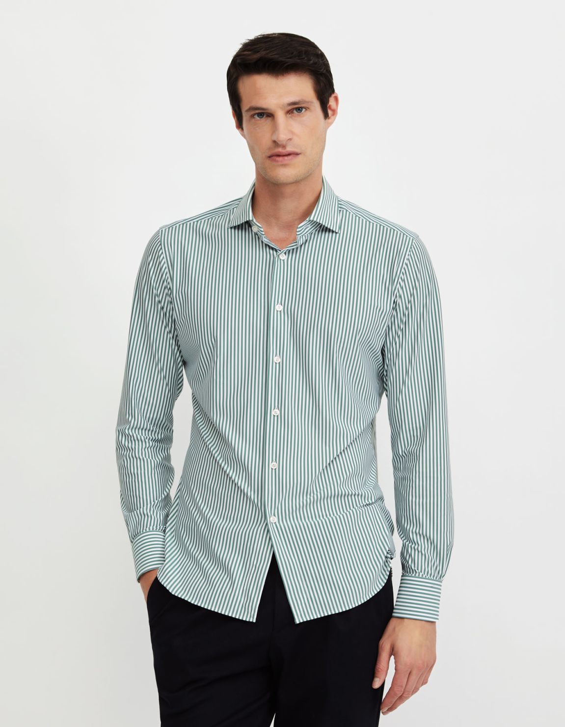 Camisa Cuello francés pequeño Rayas Sarga Verde Tailor Custom Fit 6