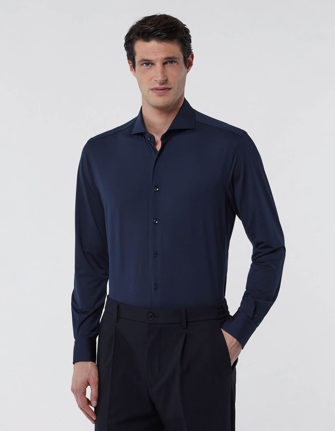 Camicia Collo francese Tinta Unita Oxford Blu navy Slim Fit 3