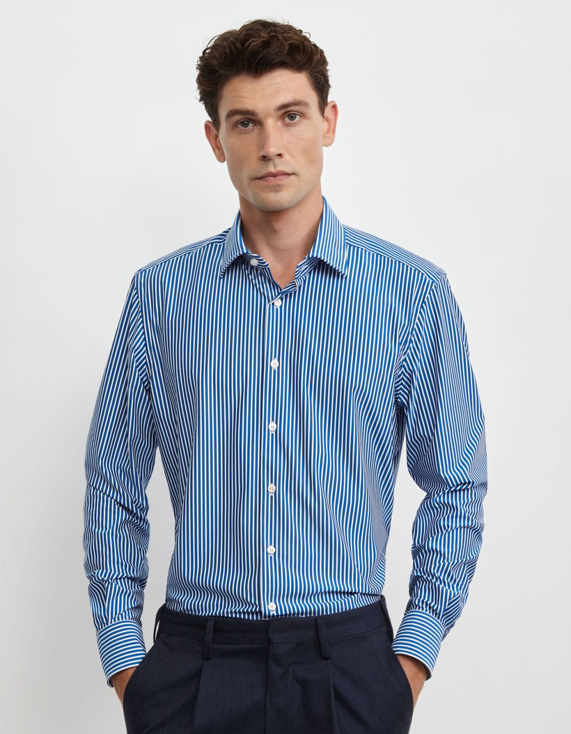 Chemise Col italien Rayure Twill Bleu Slim Fit 3