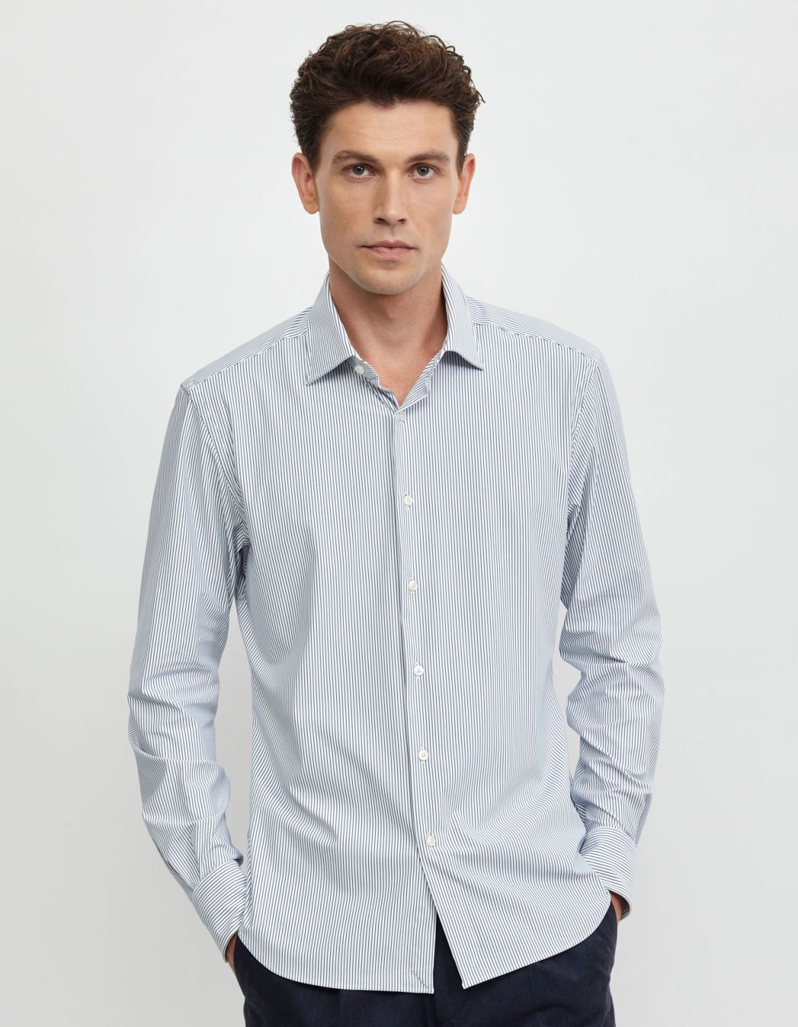 Chemise Col italien Rayure Twill Bleu marine Slim Fit 6