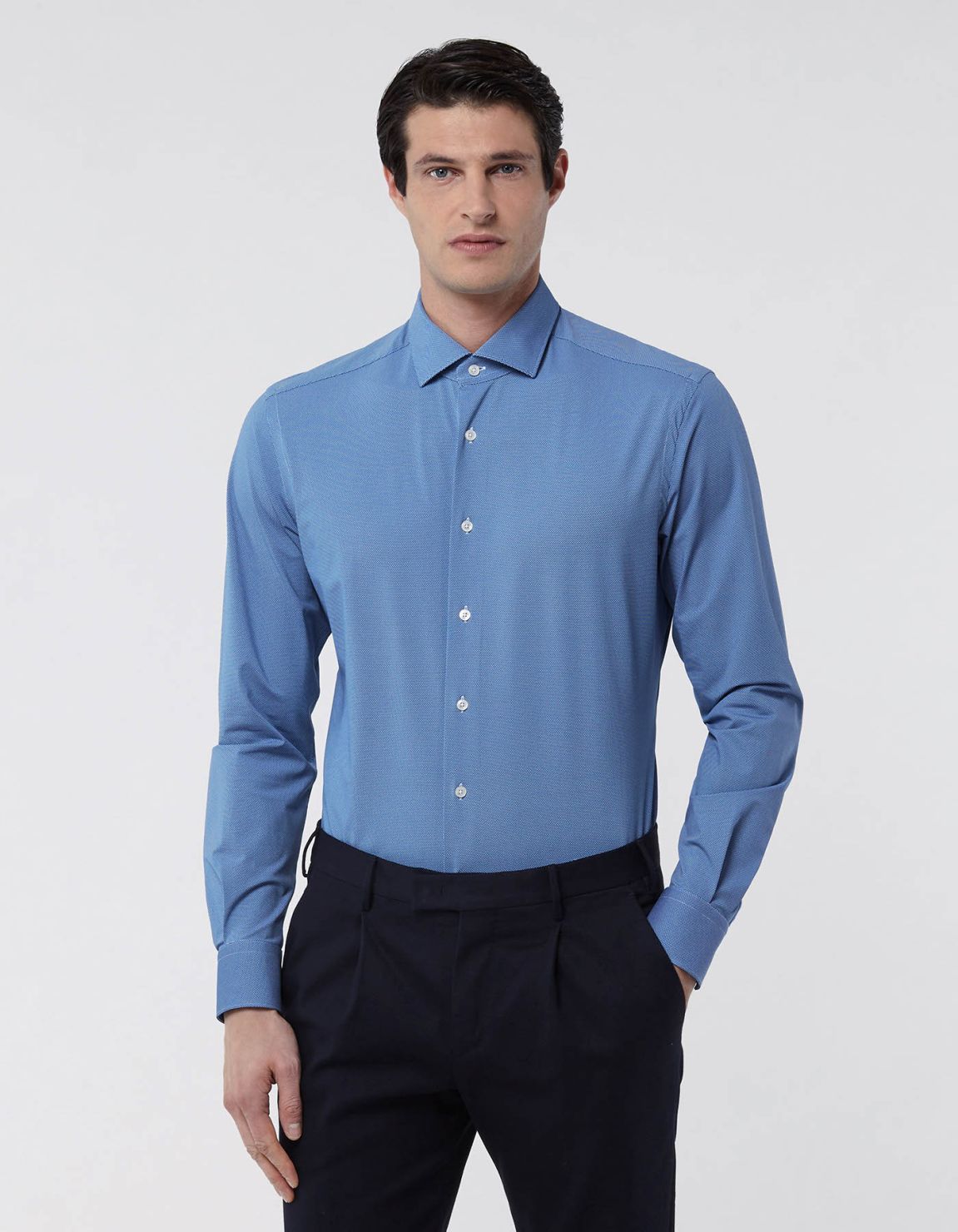 Blue Textured Solid colour Shirt Collar small cutaway Slim Fit 3