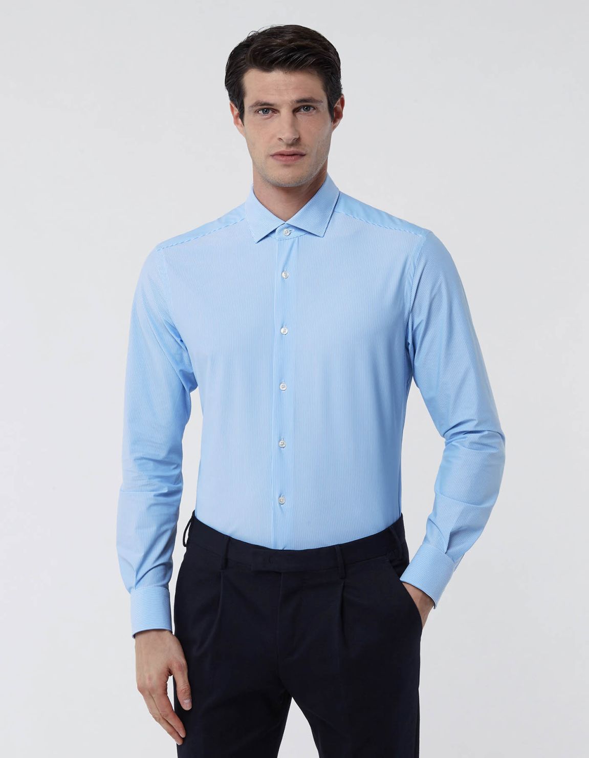 Camisa Cuello francés pequeño Rayas Sarga Azul claro Slim Fit 3