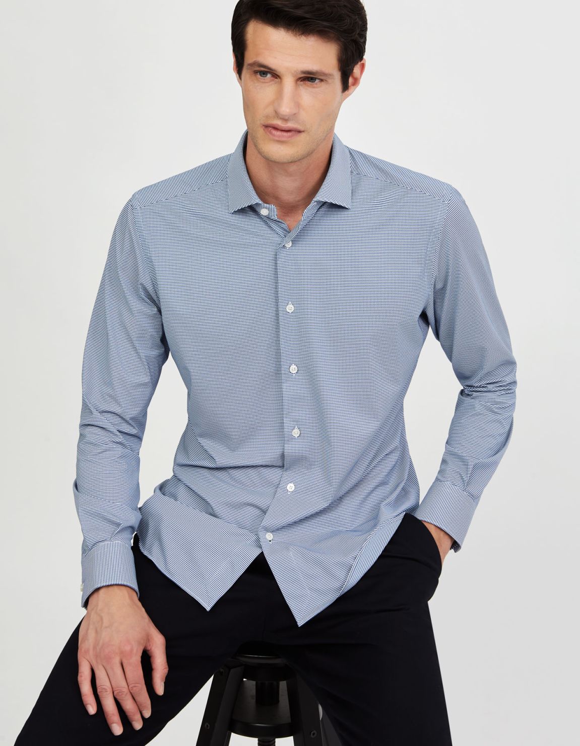 Blue Textured Pattern Shirt Collar small cutaway Slim Fit 3