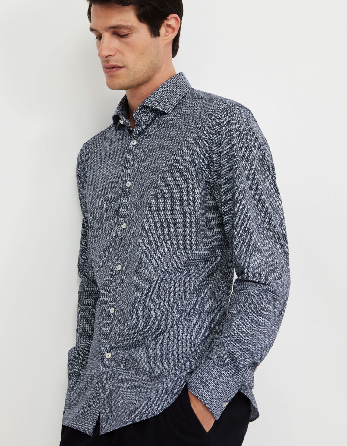 Camisa Cuello francés pequeño Estampado Jersey Azul ahumado Slim Fit 7