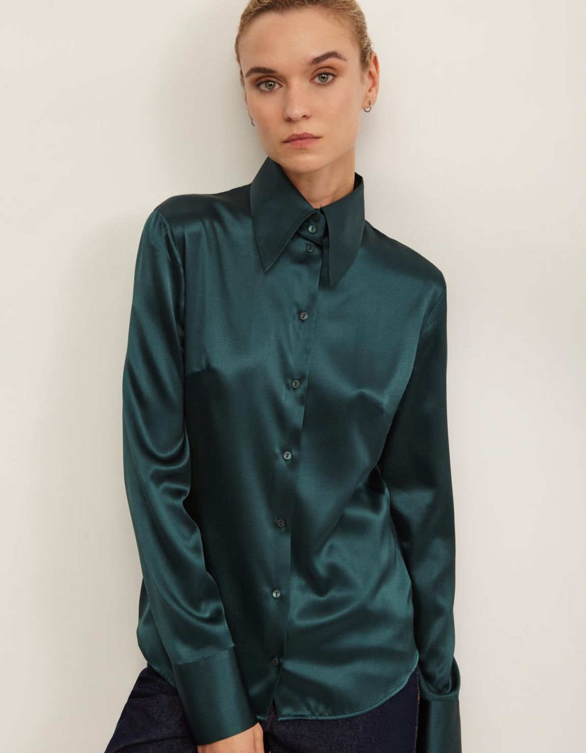 Shirt Teal Silk Solid colour Slim Fit 5