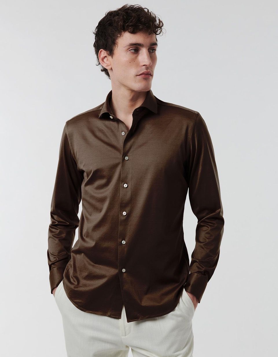 Camisa Cuello francés pequeño Liso Jersey Marrón Tailor Custom Fit 3