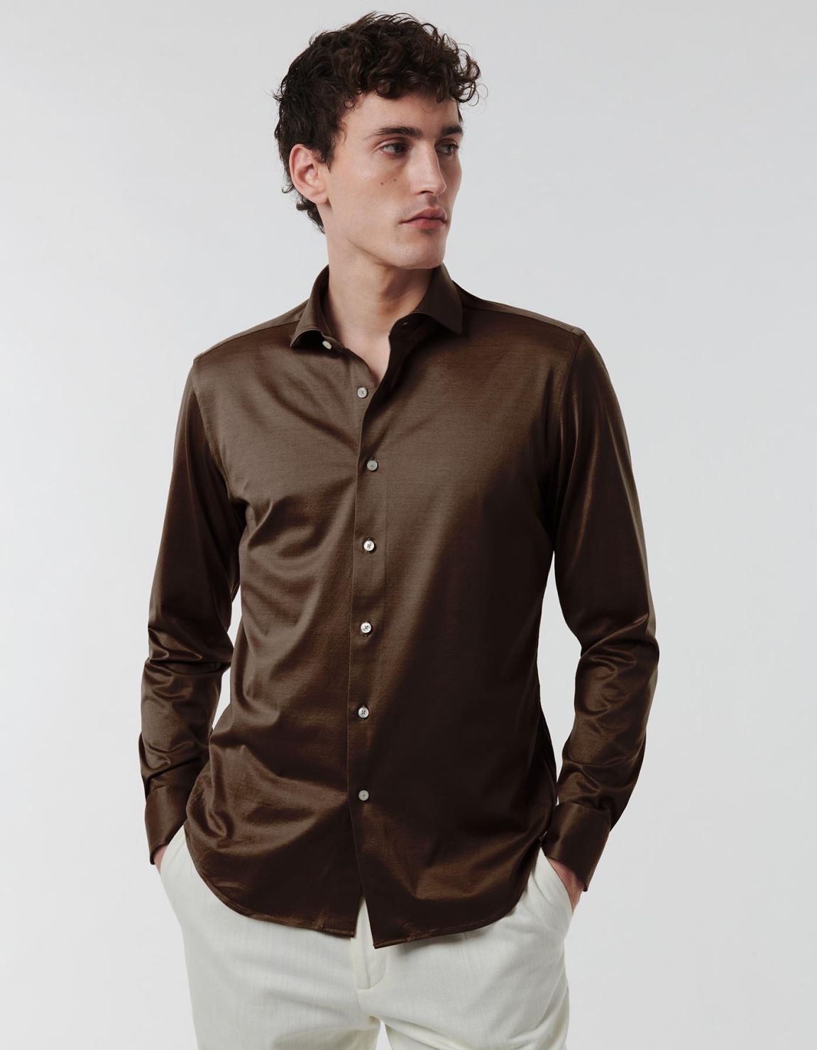 Camisa Cuello francés pequeño Liso Jersey Marrón Tailor Custom Fit 6