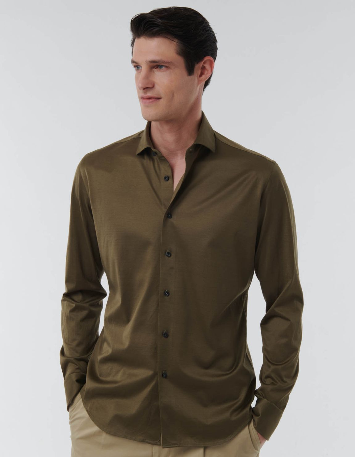 Camicia Collo francese piccolo Tinta Unita Maglia Verde militare Tailor Custom Fit 3