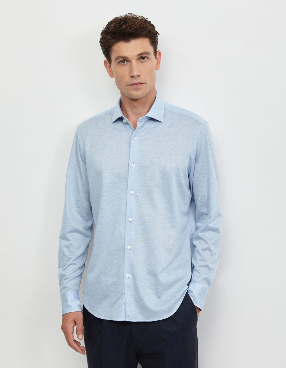 Light Blue Melange Jersey Solid colour Shirt Collar small spread Tailor Custom Fit 6