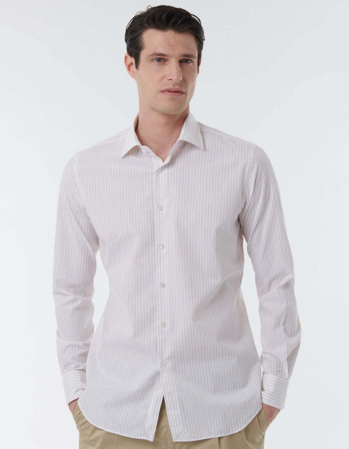 Camisa Cuello italiano abierto Rayas Popelina Marrón jaspeado Tailor Custom Fit 3