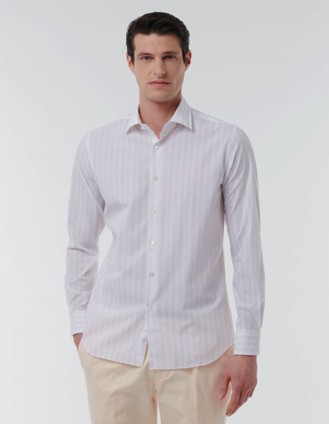 Beige Poplin Stripe Shirt Collar open spread Tailor Custom Fit 6