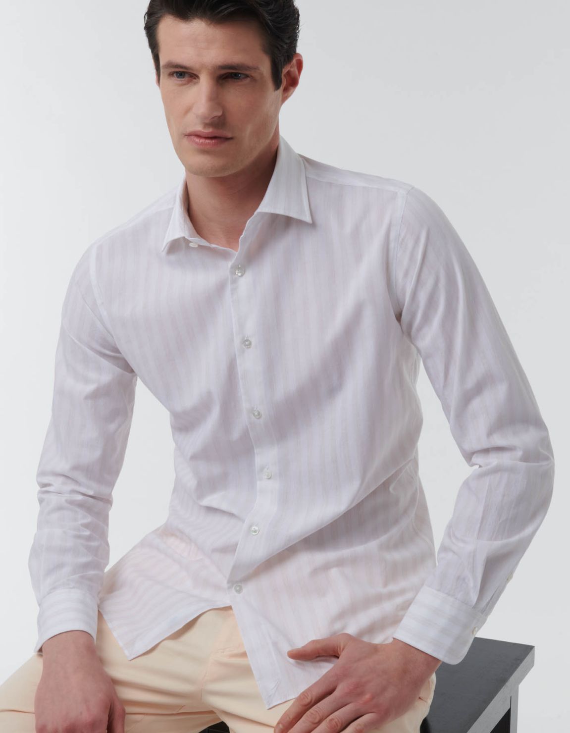 Beige Poplin Stripe Shirt Collar open spread Tailor Custom Fit 7