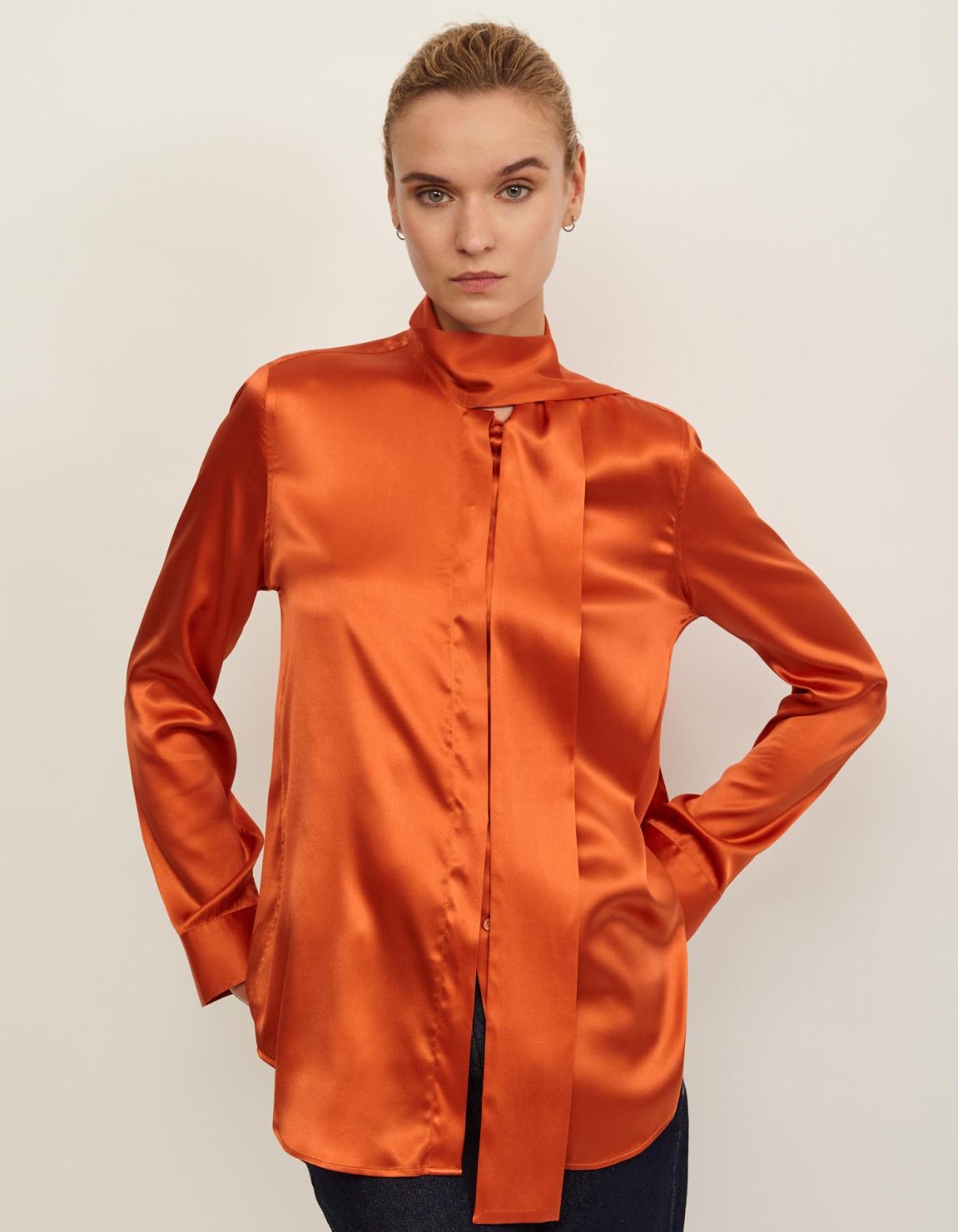 Shirt Orange Silk Solid colour Slim Fit 5