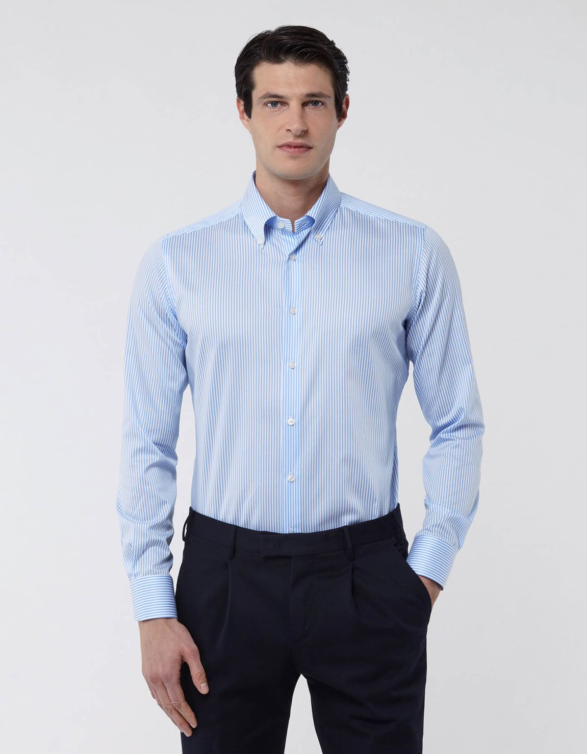 Camisa Cuello cuello abotonado Rayas Sarga Celeste Tailor Custom Fit 3