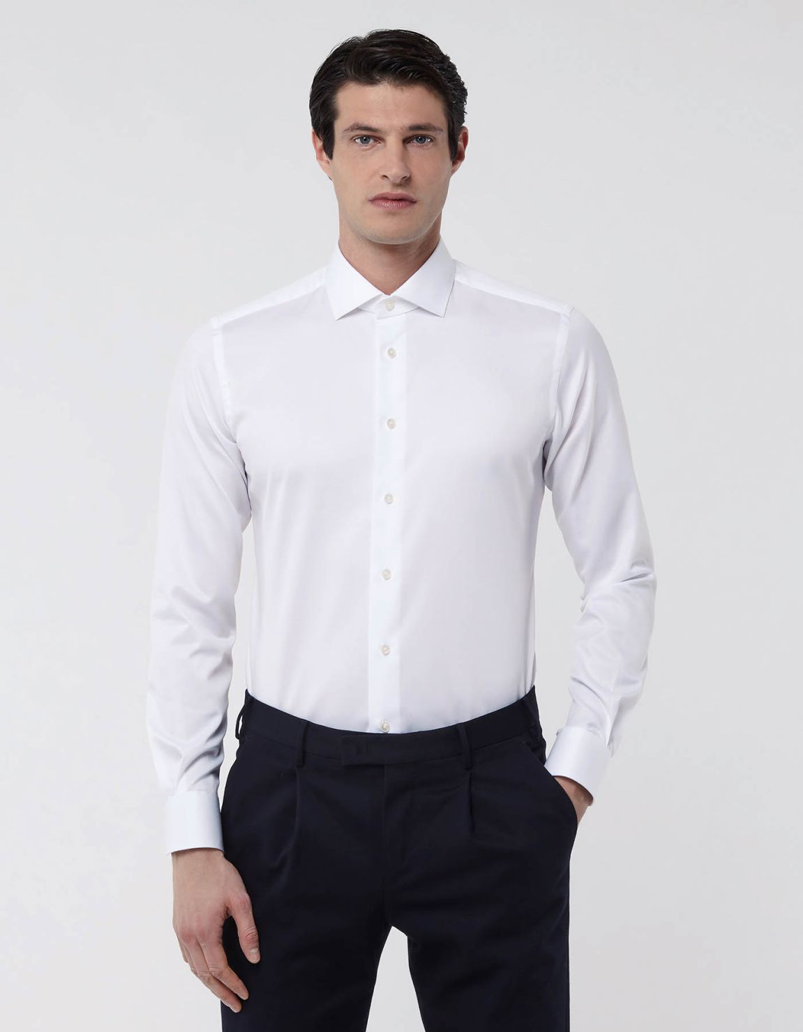 Camisa Cuello francés pequeño Liso Sarga Blanco Slim Fit 3